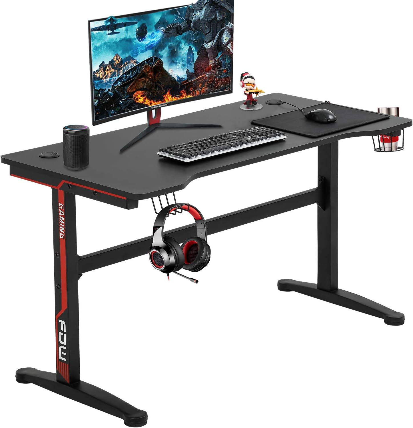 BestOffice Gaming Desk Modern Adult Ergonomic Desk with Cup Holder and Headphone Hook, Red
