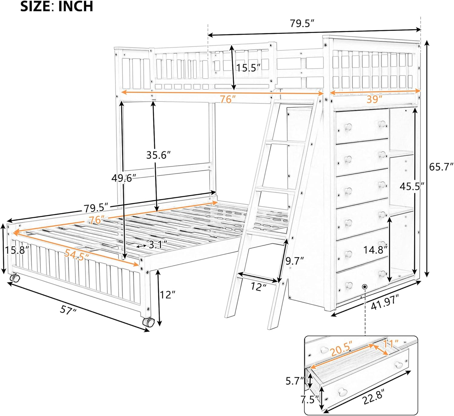 Twin Over Full Loft Bunk Bed with Storage 6 Drawers Chest and 3 Shelves Bookcase Wood Bunked Beds Frame for Kids Boys Girls Teens, Espresso