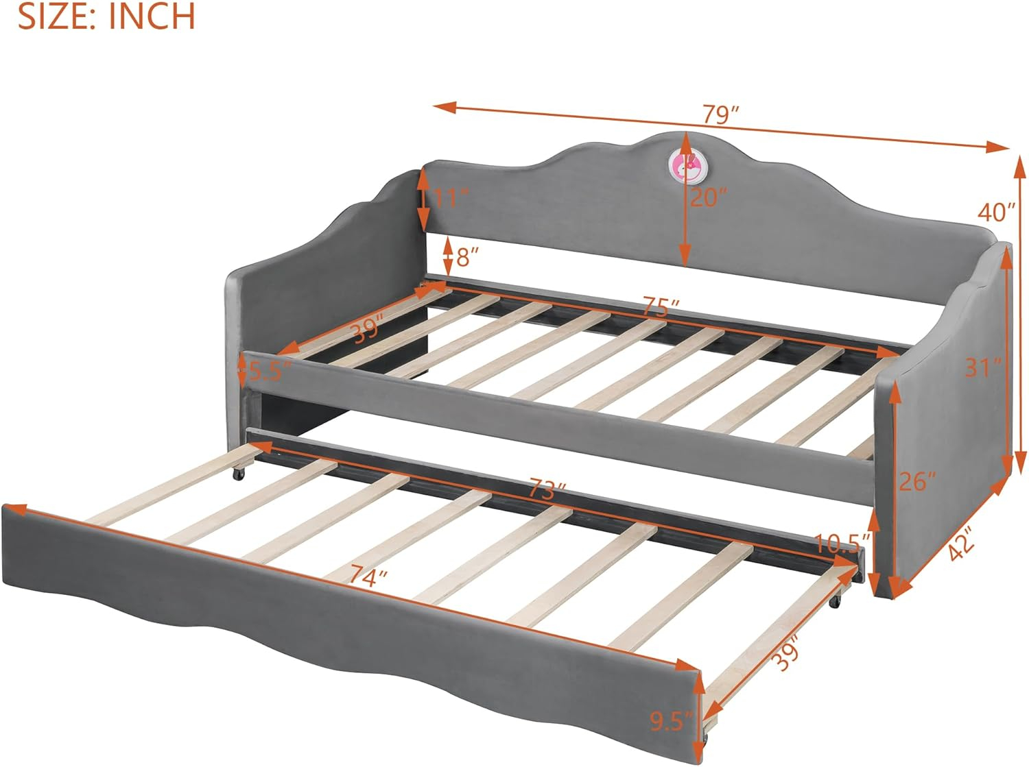 Ball & Cast Upholstered Twin Size Daybed with Trundle, Sofa Bed Frame with Wave-Shaped Back & Arm & Wood Slat Support, No Box Spring Needed, Gray