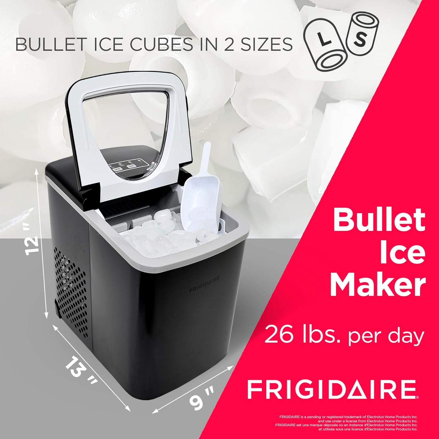 Frigidaire 26 Lbs per Day Portable Compact Maker, Ice Making Machine, Black Stainless, Medium