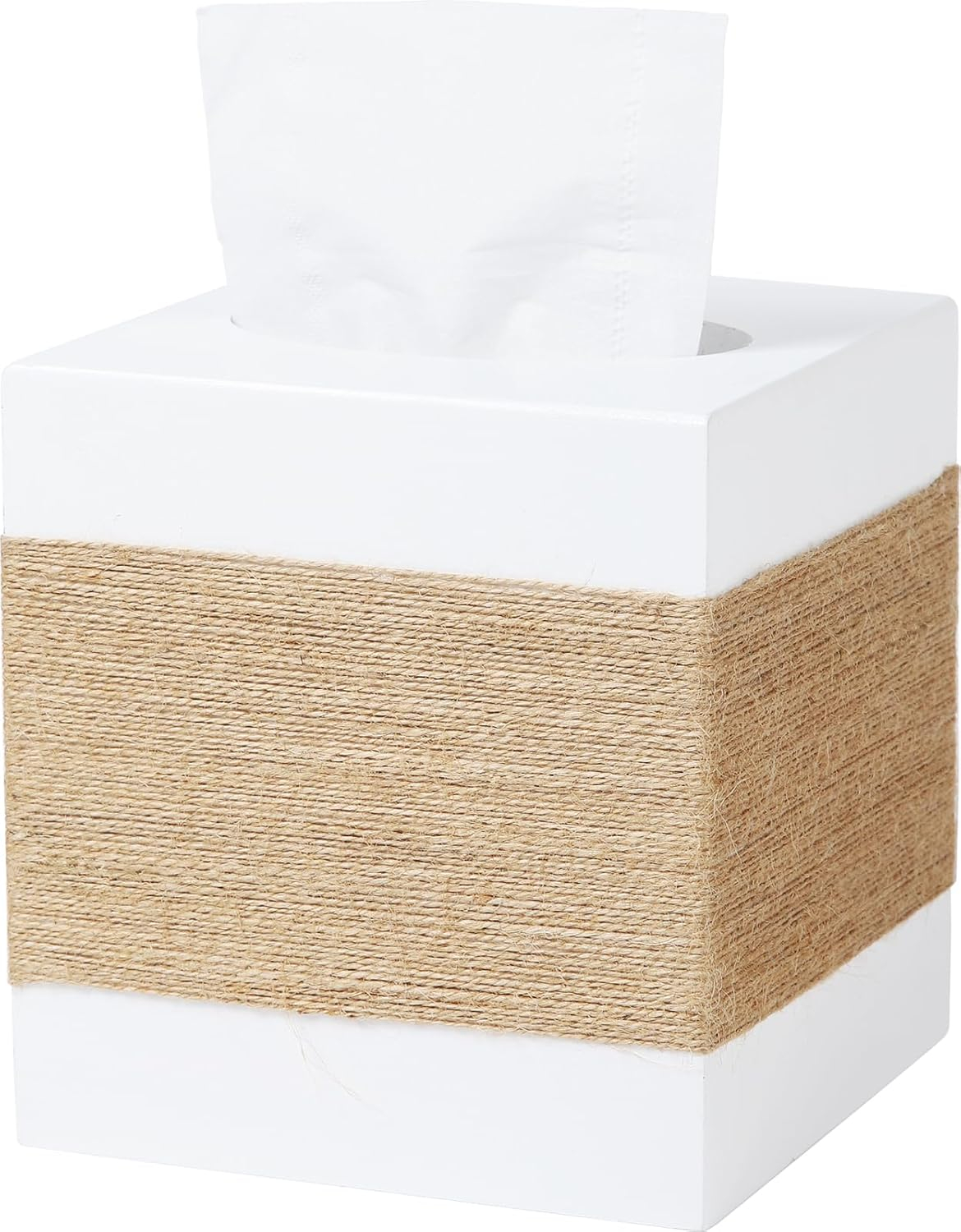 Tissue Box Cover, Wood Tissue Box Cover Square, Farmhouse Tissue Box Holder Covers Your Tissues, Decorative Tissue Cube Box Cover with Slide-Out Bottom (White)