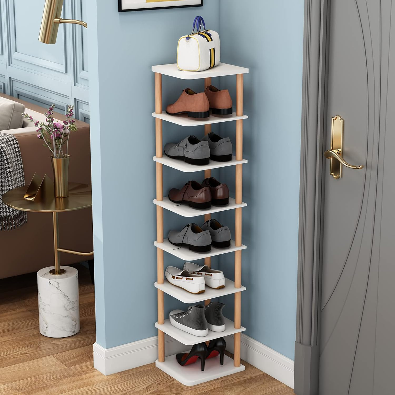 LUCKNOCK Vertical Shoe Rack, 8-Tier Tall Narrow Shoe Organizer for Entryway, Closet, Dorm & Small Spaces, Freestanding White Wooden Shoe Shelf Tower for Boots, Sneakers, Heels.
