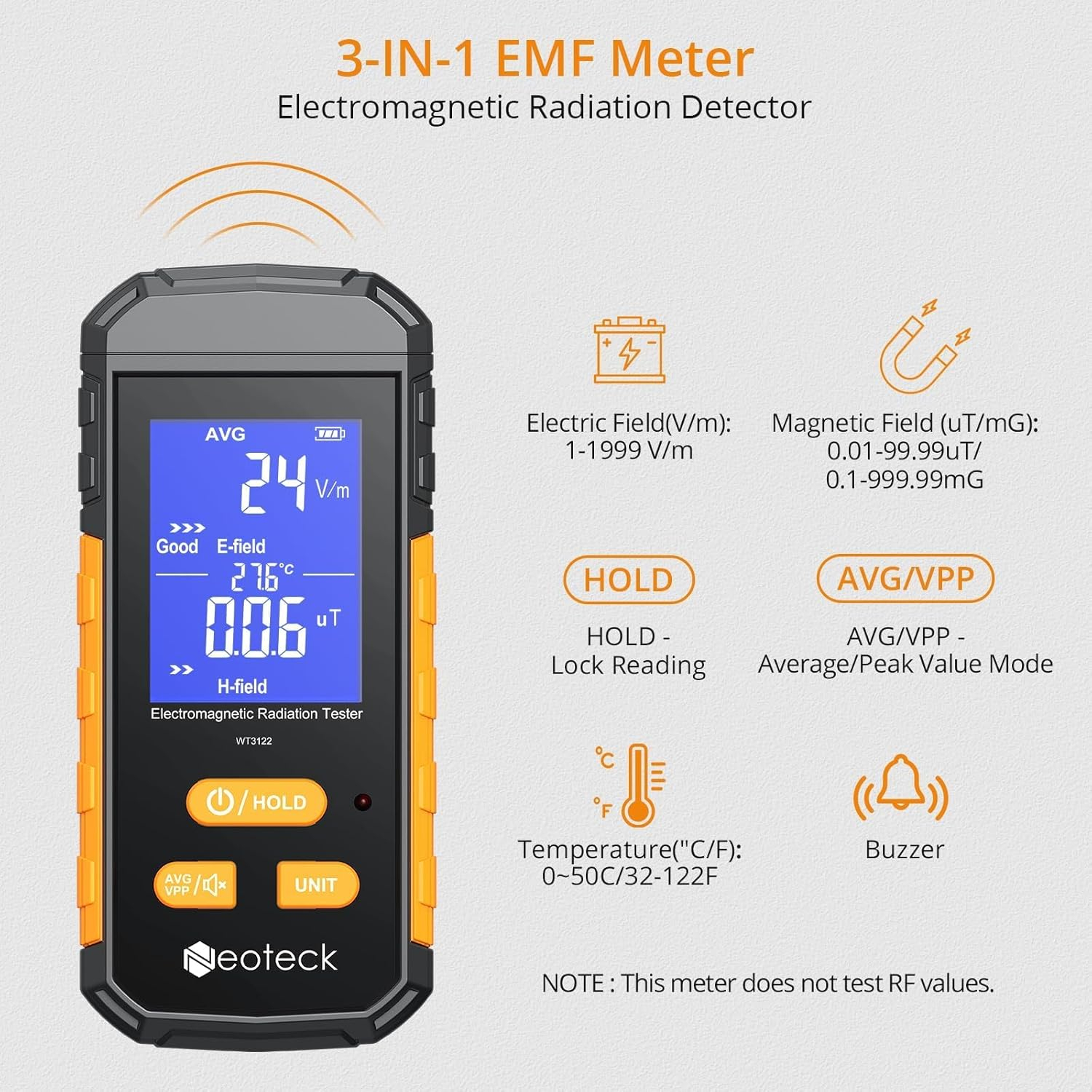 Neoteck 3-in-1 EMF Meter Rechargeable Electromagnetic Radiation Detector for EF MF and Temperature LCD Backlit Audible Alarm 1~1999V/m Electric Field 0.01~99.99ut Magnetic Field(RF Not Included)