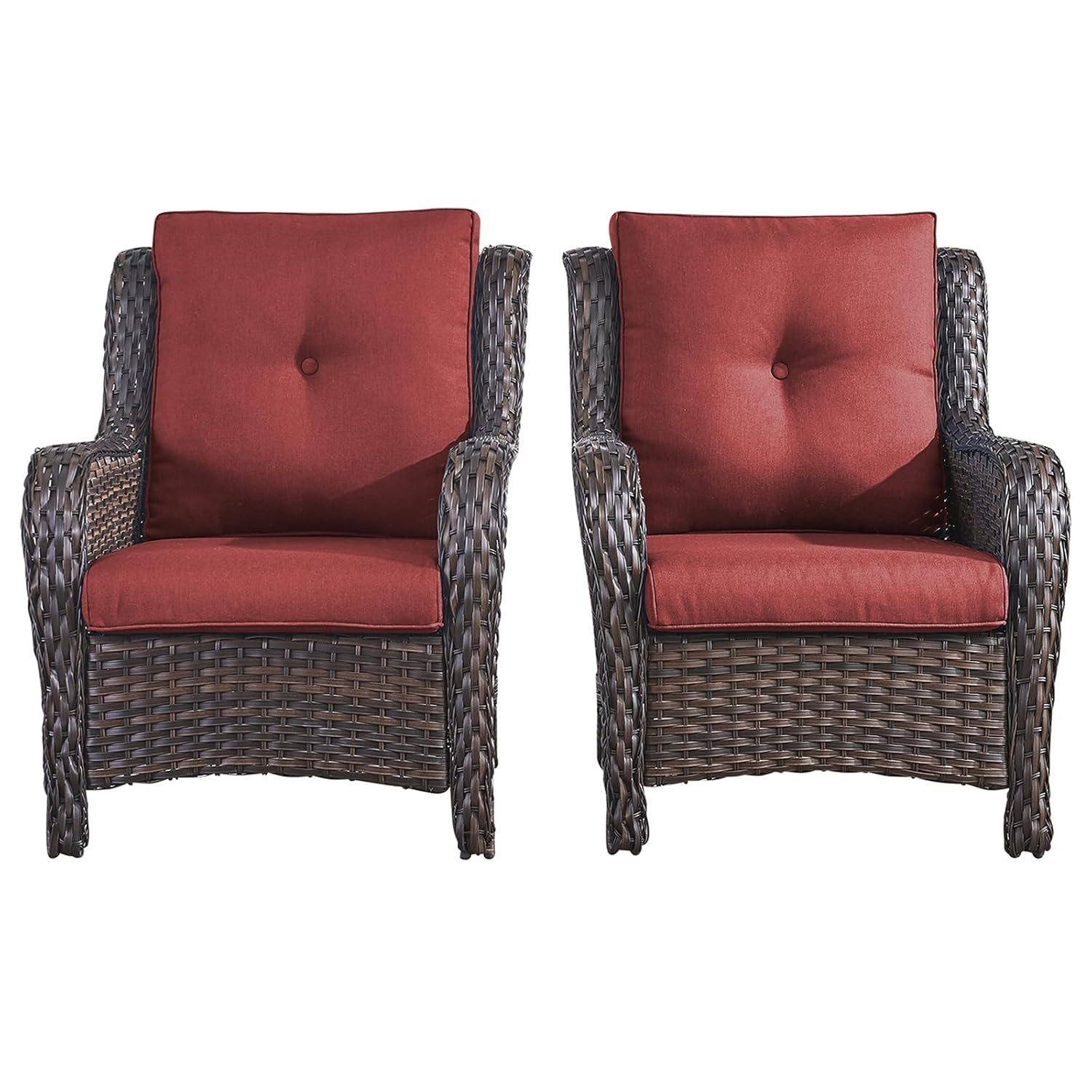 Rilyson Patio Furniture Chairs Outdoor Chair - 2 Piece Wicker Rattan Chairs Set with High Back and Deep Seating for Deck Porch Balcony Backyard Garden(Brown/Red)