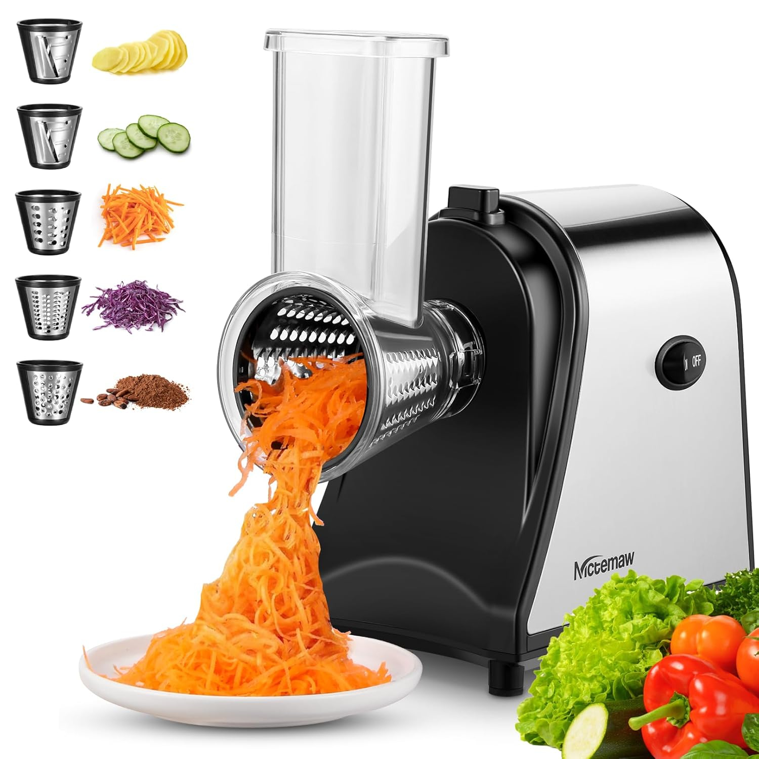 Jahy2Tech 5-in-1 Electric Cheese Grater 250W Salad Maker Slicer/Shredder One-Touch Control Powerful Electric Grater for Fruits and Vegetables, Cheese