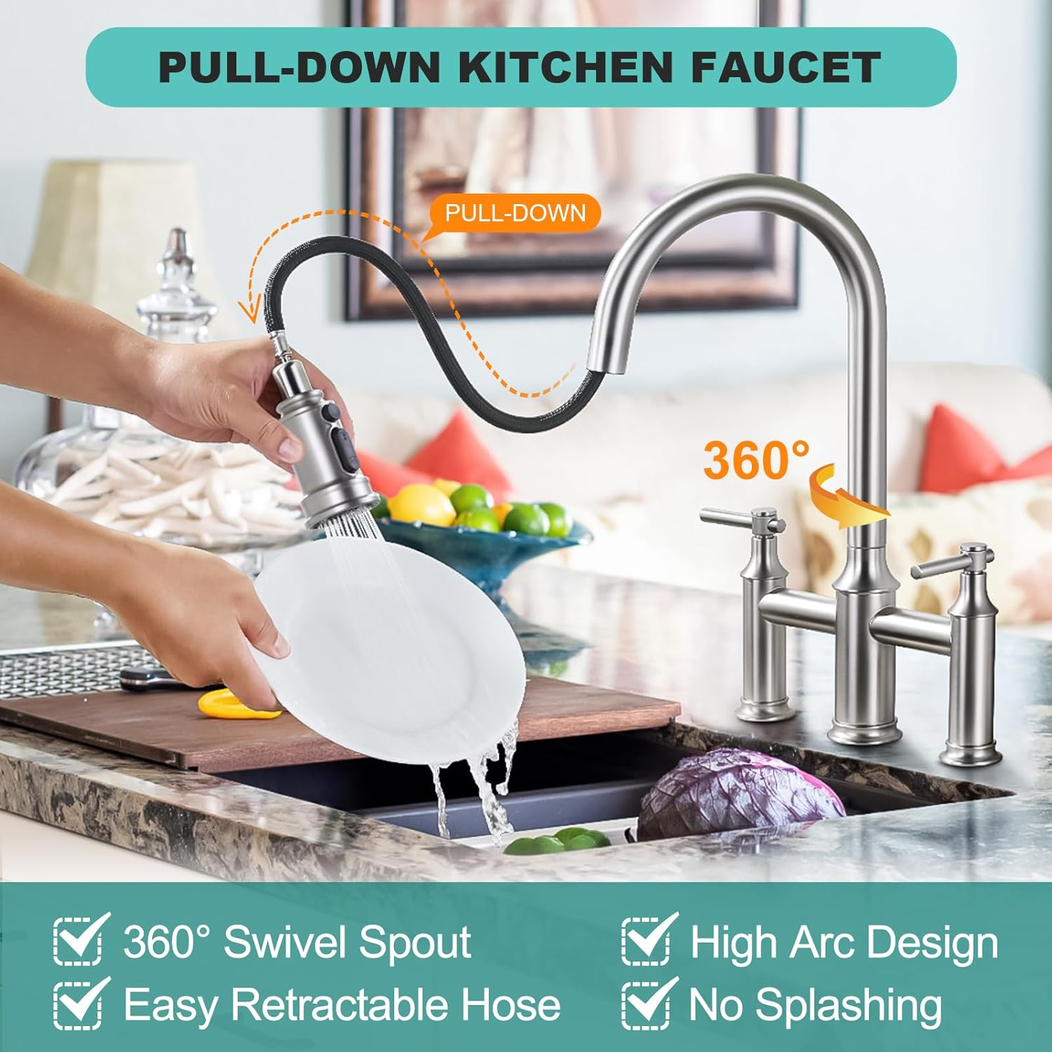 Brushed Nickel Bridge Kitchen Faucet: 3 Holes Kitchen Faucet with Pull Down Sprayer - Two Handles 8 Inch Centerset Kitchen Sink Faucet, 360° Swivel Spout