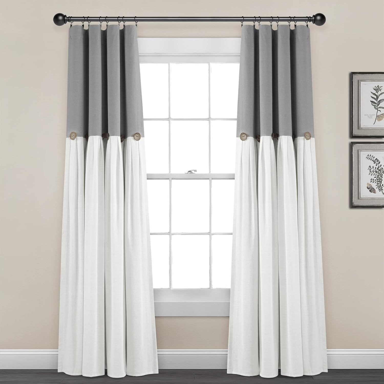 Lush Decor Linen Button 100% Blackout Window Curtain Panel, Single, 40" W x 84" L, Dark Gray & White - Blackout Curtains - Rustic Decor - Country Farmhouse Curtains For Bedroom