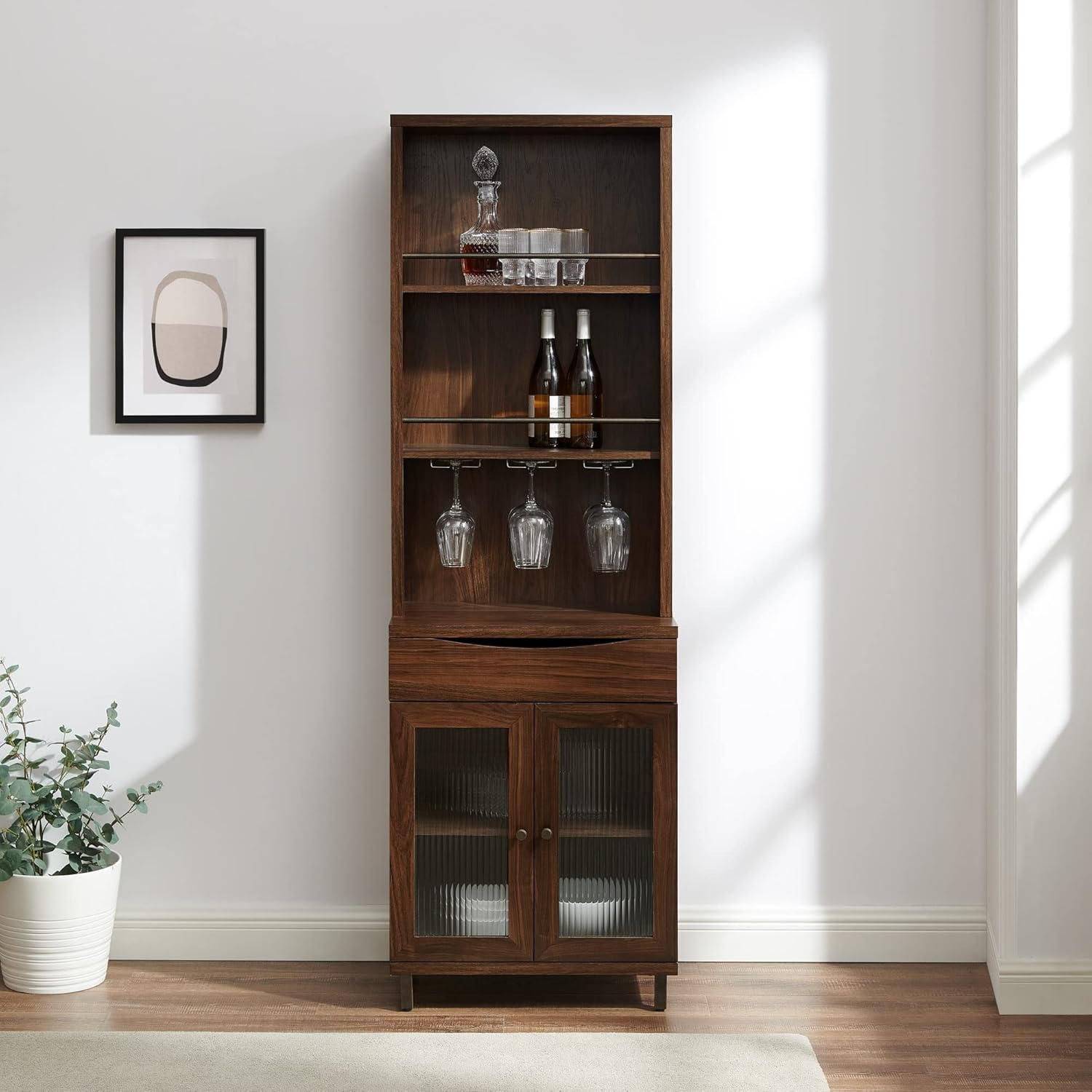 Walker Edison 72” Contemporary Wine Storage Hutch Bar Cabinet, Dark Walnut
