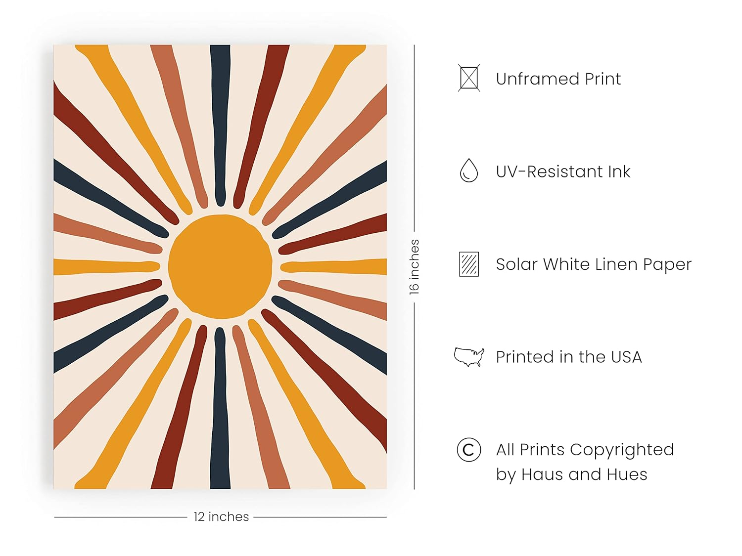 HAUS AND HUES Mid Century Modern Wall Art Sun Boho Posters and Prints Wall Art Mid Century Modern Print Sun Art Print Boho Pictures for Wall Boho Art Boho Prints | UNFRAMED 12” x 16”