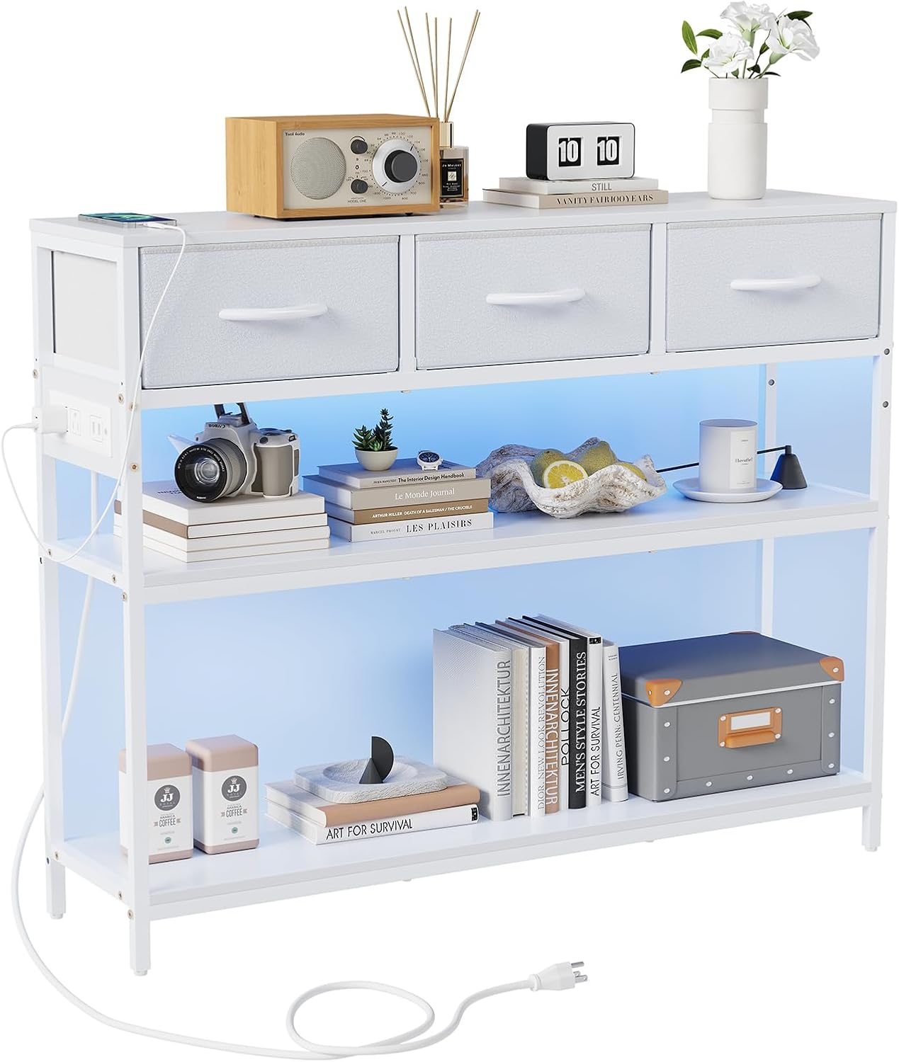 39.5 inch Entryway Table with Power Outlets, Console Table Sofa Table with 3 Drawers and 2-Tier Shelves, Entry Table for Hallway, Foyer, Living Room, White