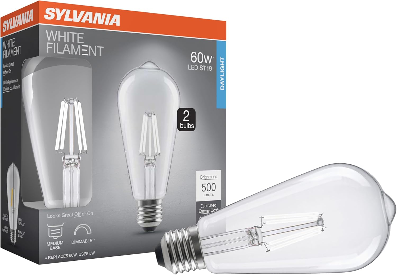 Clear LED White Filament Dimmable Bulb, 60W, Medium Base