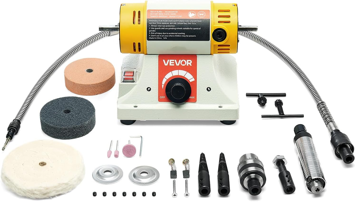 VEVOR Bench Buffer Polisher, 1/2HP Polishing Buffing Machine, 0 to 8000RPM Benchtop Polisher Grinder with 4" Cloth Wheel, 3" Grinding Wheel & 3" Fiber Wheel for Metal, Jewelry, Wood and Plastic