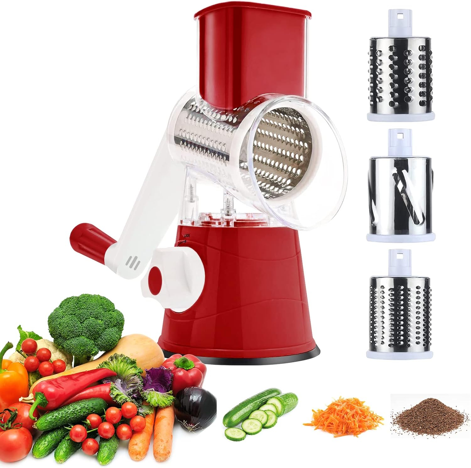 3rd Generation Rotary Cheese Grater, Mandoline Vegetable Slicer with 3 Replacement Blades, Easy to Clean Rotary Shredder for Fruit, Vegetables, Red