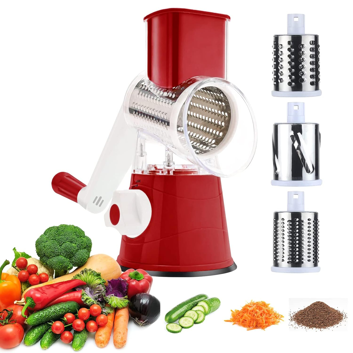 3rd Generation Rotary Cheese Grater, Mandoline Vegetable Slicer with 3 Replacement Blades, Easy to Clean Rotary Shredder for Fruit, Vegetables, Red