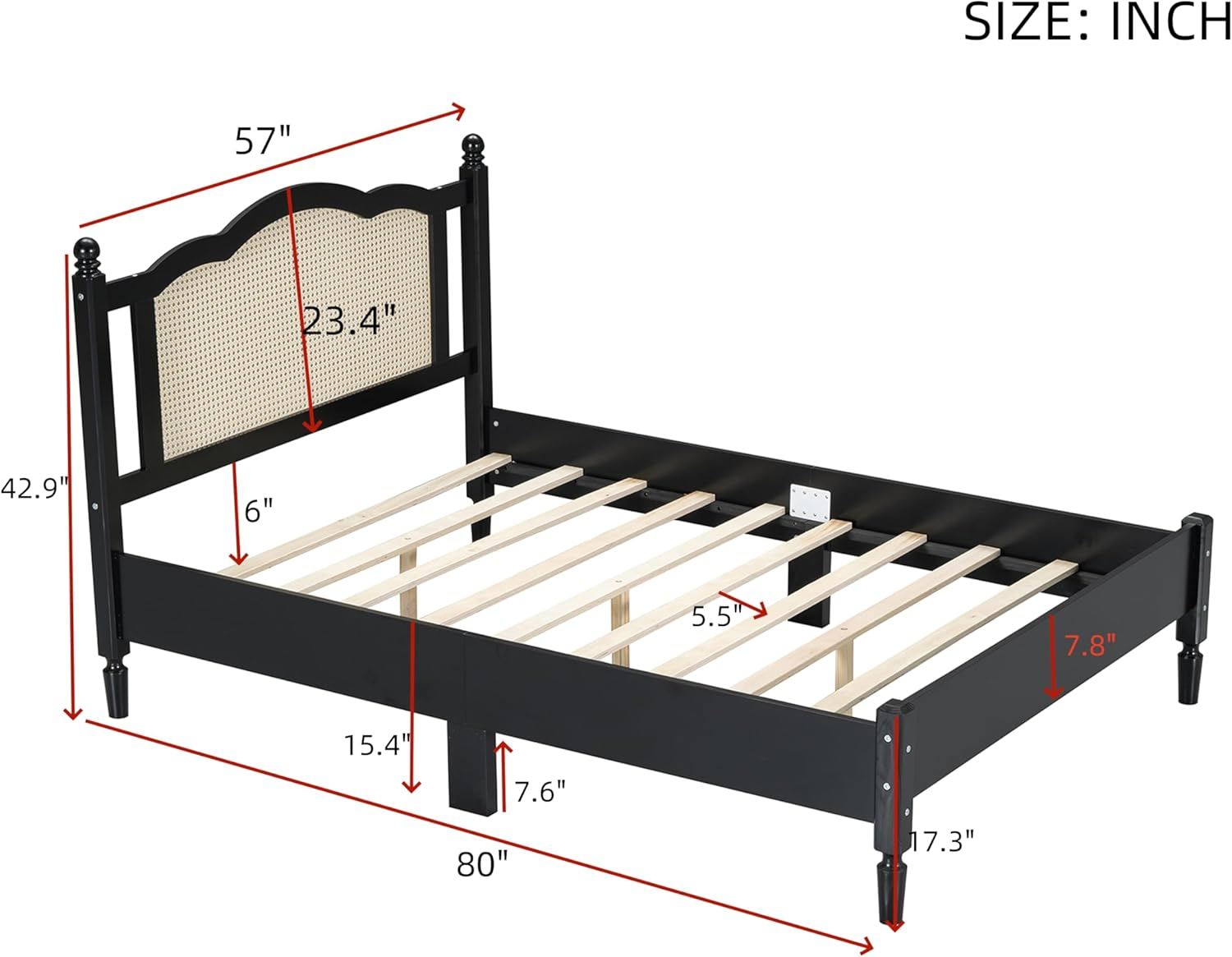 Wooden Platform Bed with Natural Rattan Headboard, Full Size Platform Bed with Wooden Slat Support, Vintage Rattan Bed Frame, No Box Spring Needed (Black,Full,233)