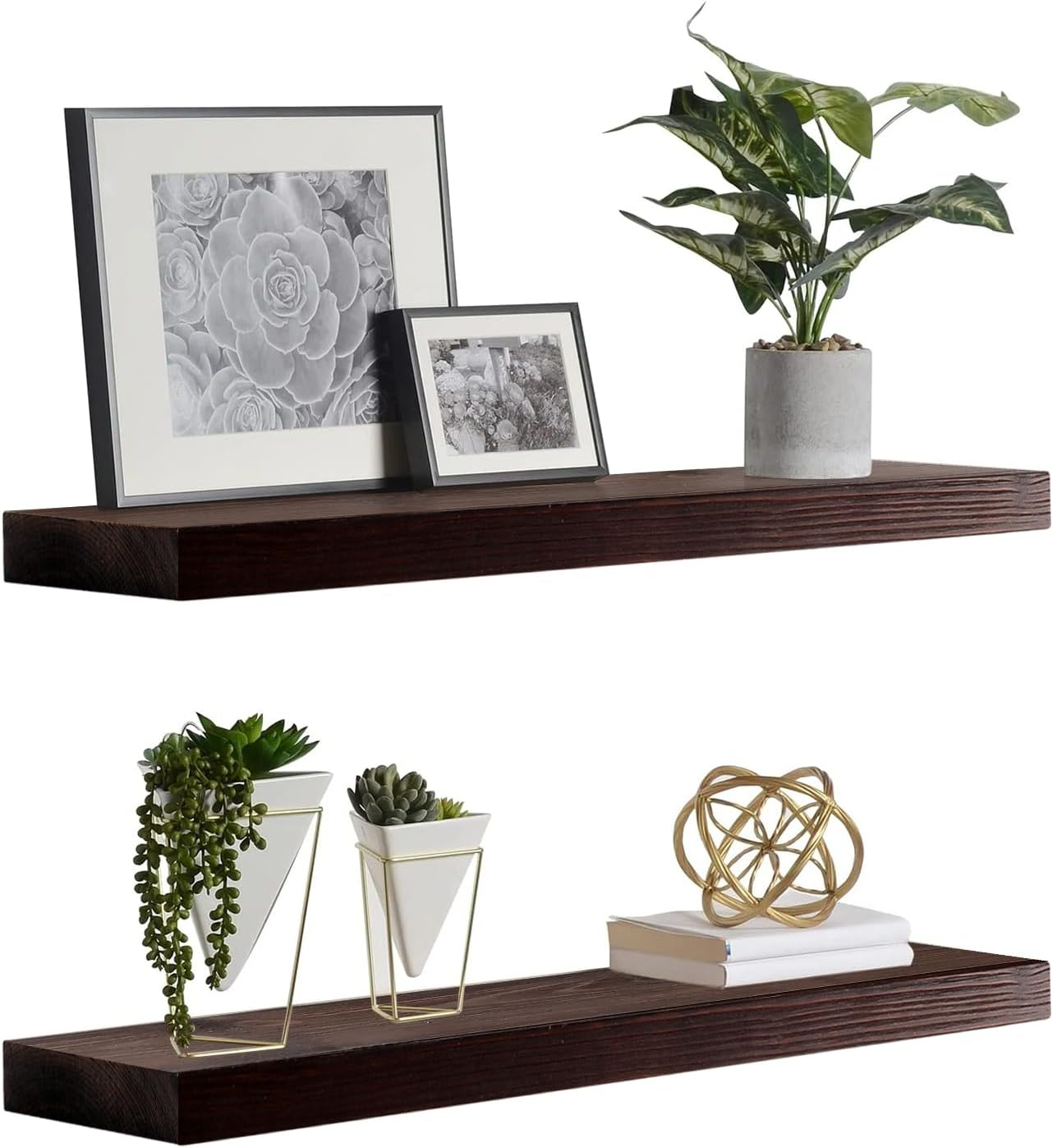 WELLAND Bradley Handmade Wood Floating Shelves Rustic Wall-Mounted Shelves, Set of 2, Walnut Finish
