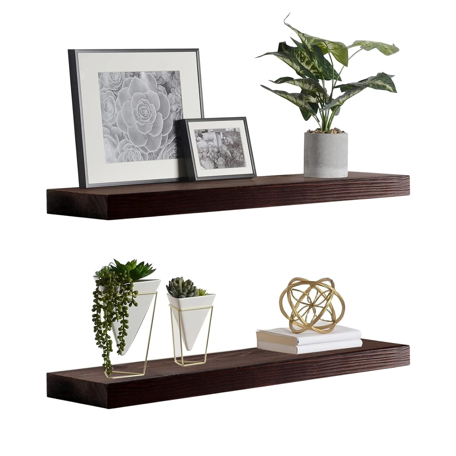 WELLAND Bradley Handmade Wood Floating Shelves Rustic Wall-Mounted Shelves, Set of 2, Walnut Finish