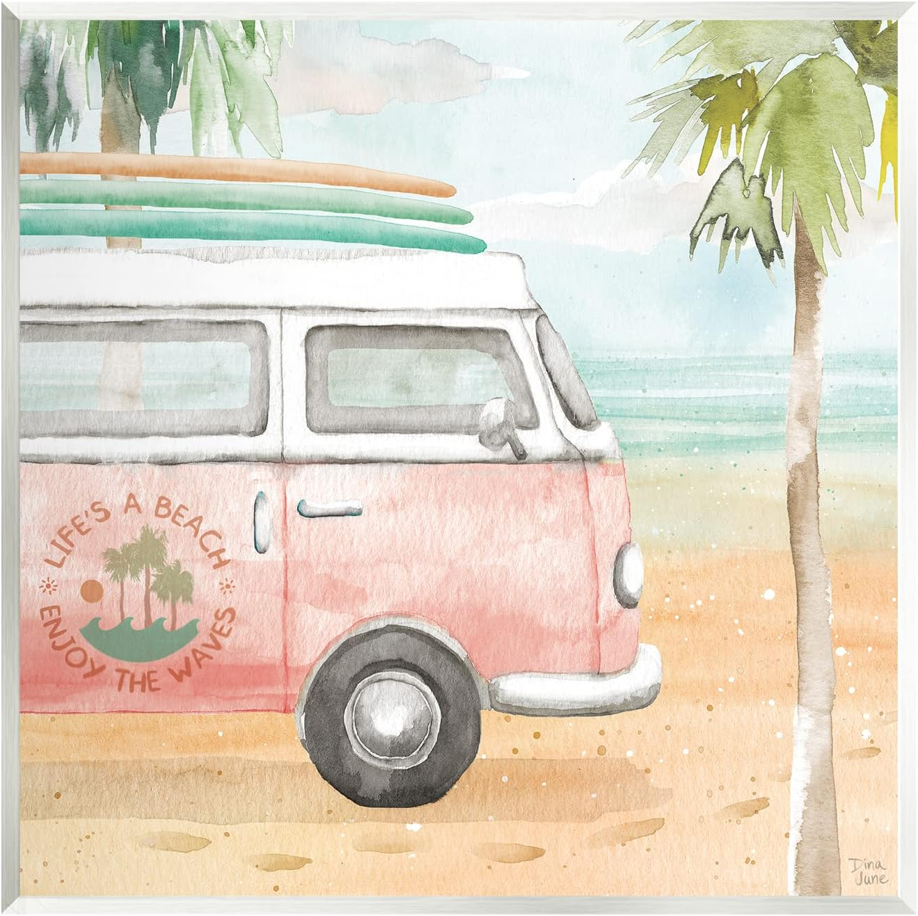 Stupell Industries Life's a Beach Pink Surf Van Painting Unframed Art Print Wall Art, Design by Dina June