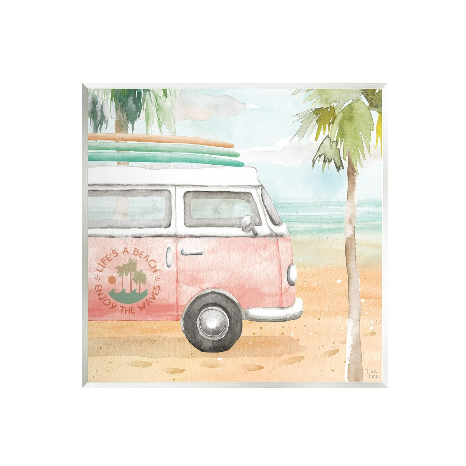 Stupell Industries Life's a Beach Pink Surf Van Painting Unframed Art Print Wall Art, Design by Dina June