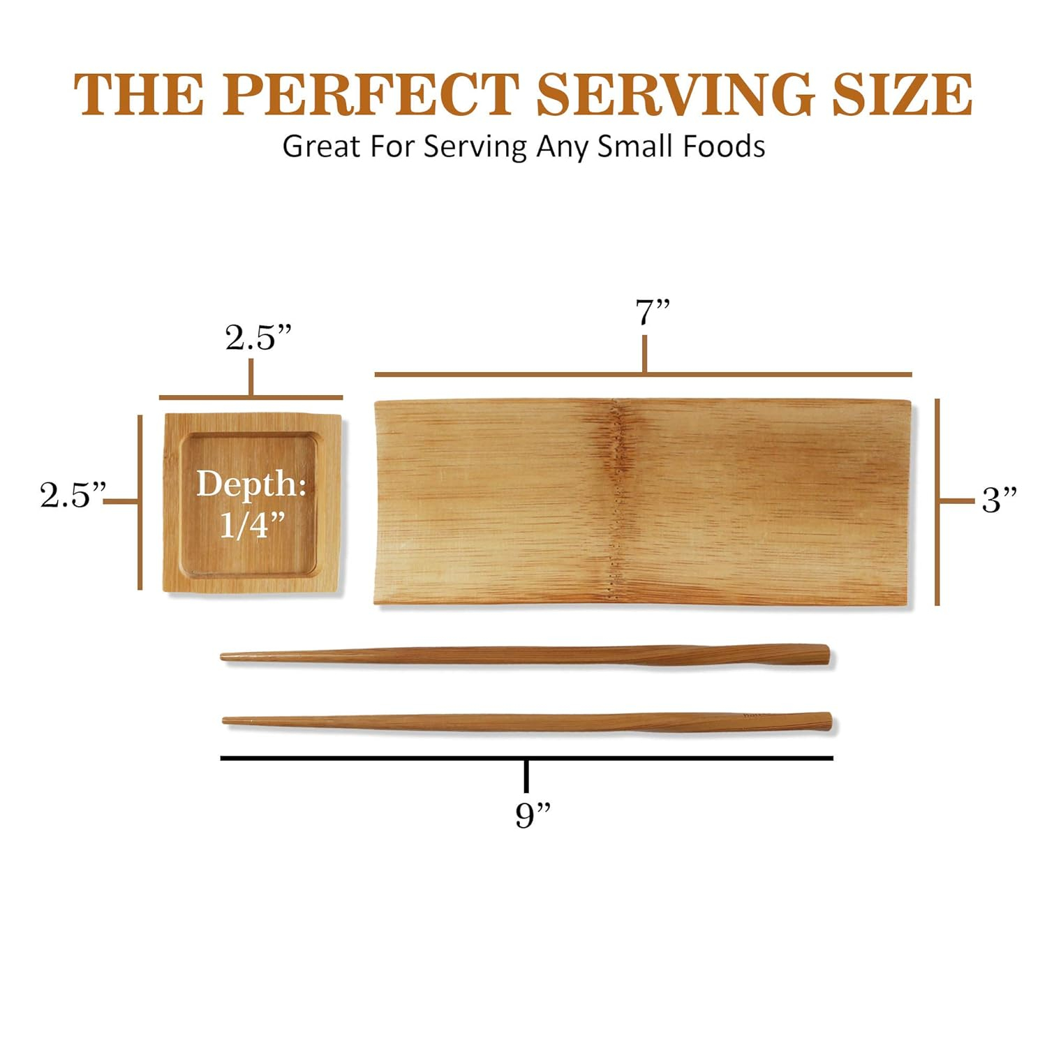 BambooMN 6 Piece, 2 Sets of 7" Reusable, Eco-Friendly, Carbonized Brown Bamboo Sushi Serving Plates/Trays: Chopsticks, and Soy Sauce Dishes Included!