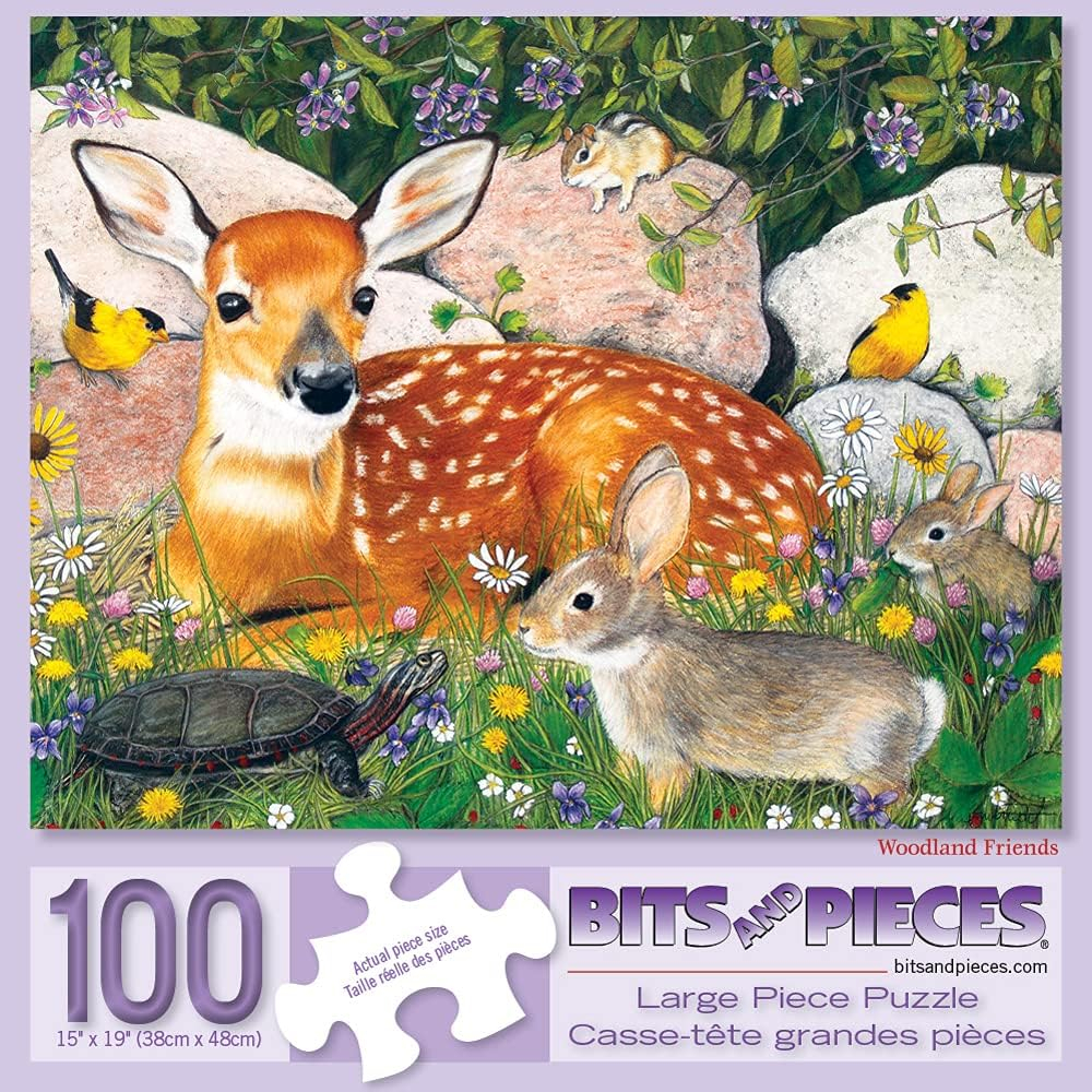 Bits and Pieces – Large 100 Piece Jigsaw Puzzle for Adults – Woodland Friends - Forest Deer Bunny Turtle Bird Jigsaw Puzzle by Julie Bauknecht, Completed Puzzle Size: 15" x 19"