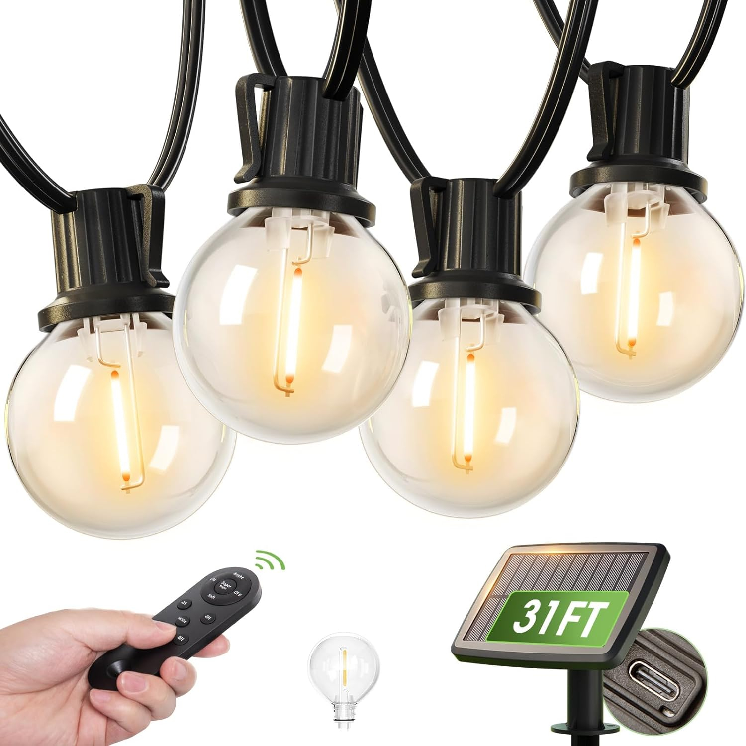 addlon 31FT (25+6) Solar String Lights with Remote, 13 Shatterproof G40 Bulbs, Solar Powered & USB Charging Patio Lights, Dimmable Waterproof Solar Light Outdoor for Camping Porch Backyard Party Decor