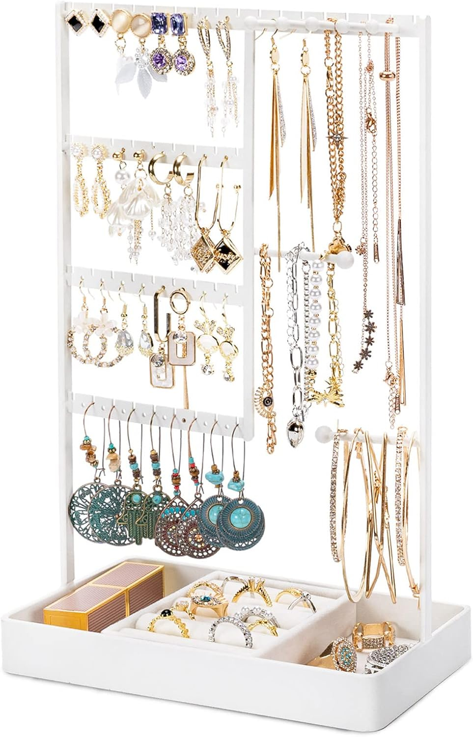 Jewelry Organizer, 4-Tier Earring & Necklace Holder with Metal Tray, Stand for Stud Earrings, Bracelets & Rings (White)