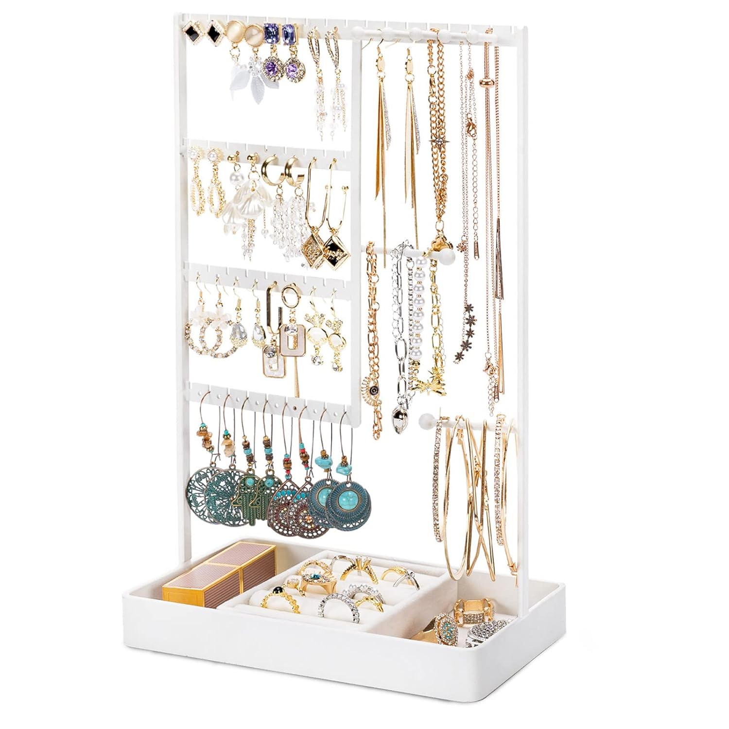 Jewelry Organizer, 4-Tier Earring & Necklace Holder with Metal Tray, Stand for Stud Earrings, Bracelets & Rings (White)
