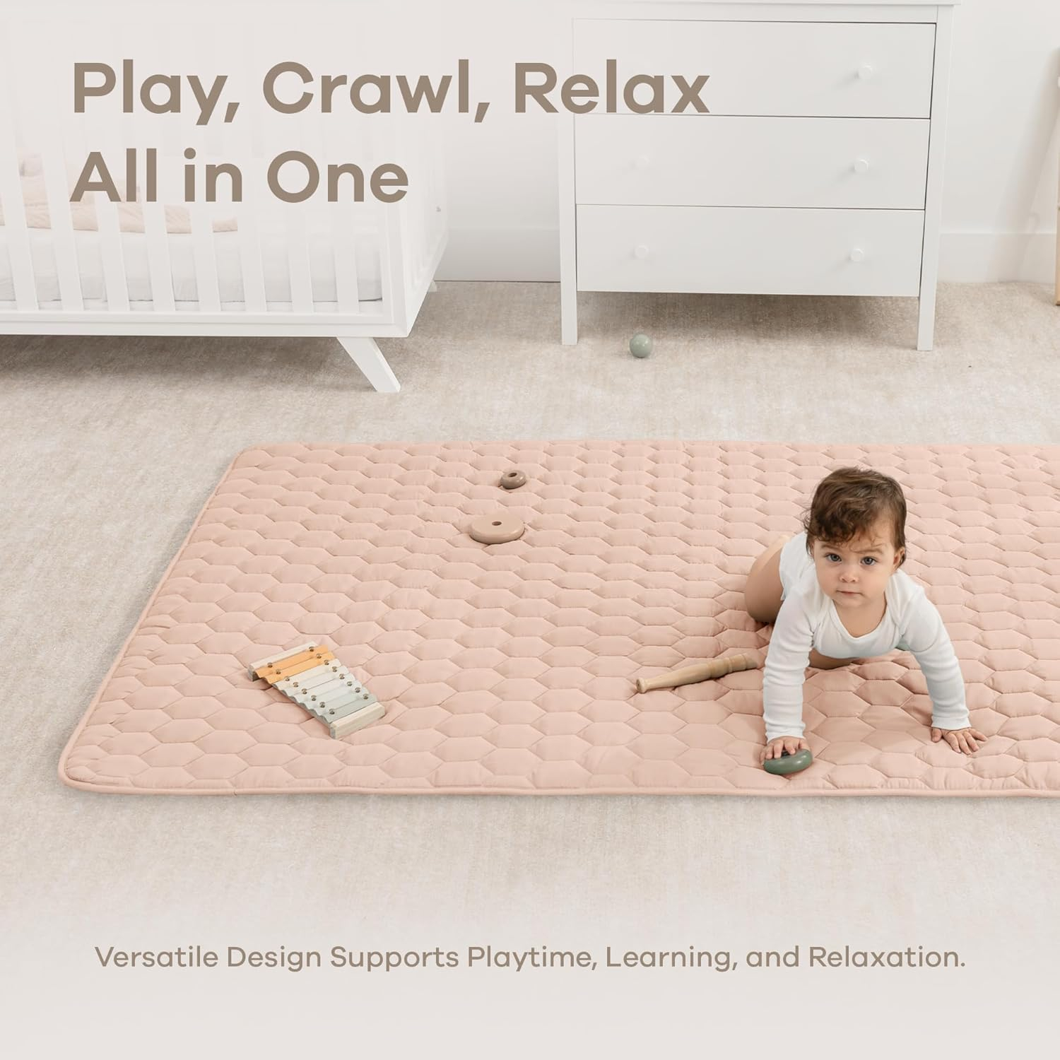 Comfy Cubs Play Mat, Rectangle (Medium) 48” x 72” for Kids & Toddler, Non-Slip Bottom - Blush