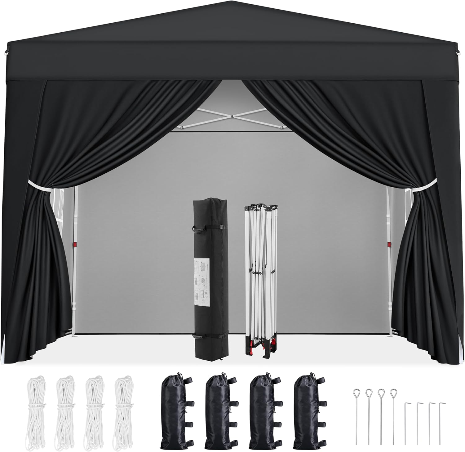 Yaheetech 8x8 Pop Up Canopy with 4 Removable Sidewalls, Portable Enclosed Instant Tent, Waterproof Outdoor Tent, Beach Sun Shelter with 4 Sandbags, 8 Stakes & 4 Ropes, Black