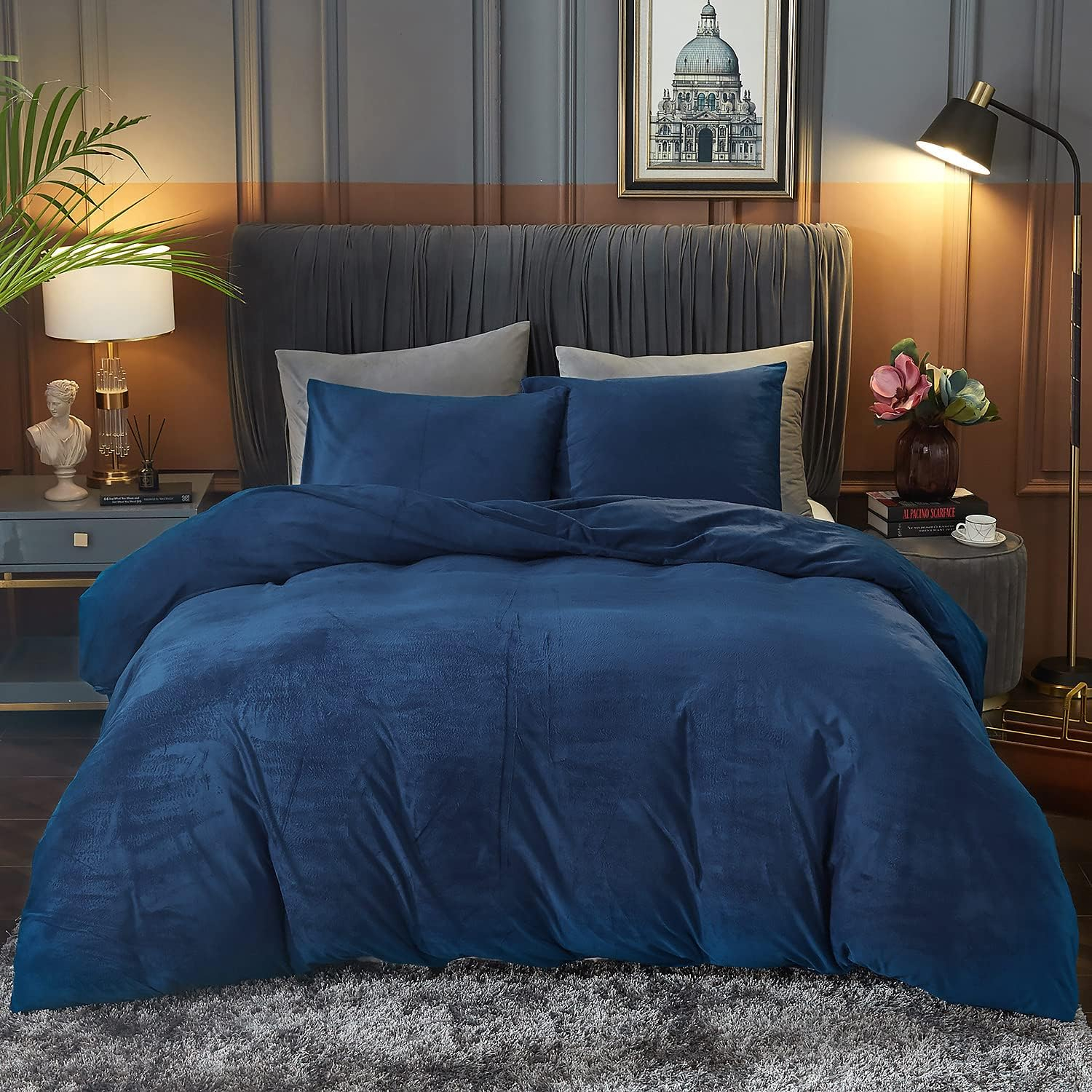 Ivellow Velvet Duvet Cover Queen Size 3 Pcs Flannel Navy Blue Duvet Cover Queen Velvet Comforter Cover Bedding Set Ultra Soft Cozy Solid Luxury Velour Duvet Cover Set Zipper Closure Corner Ties