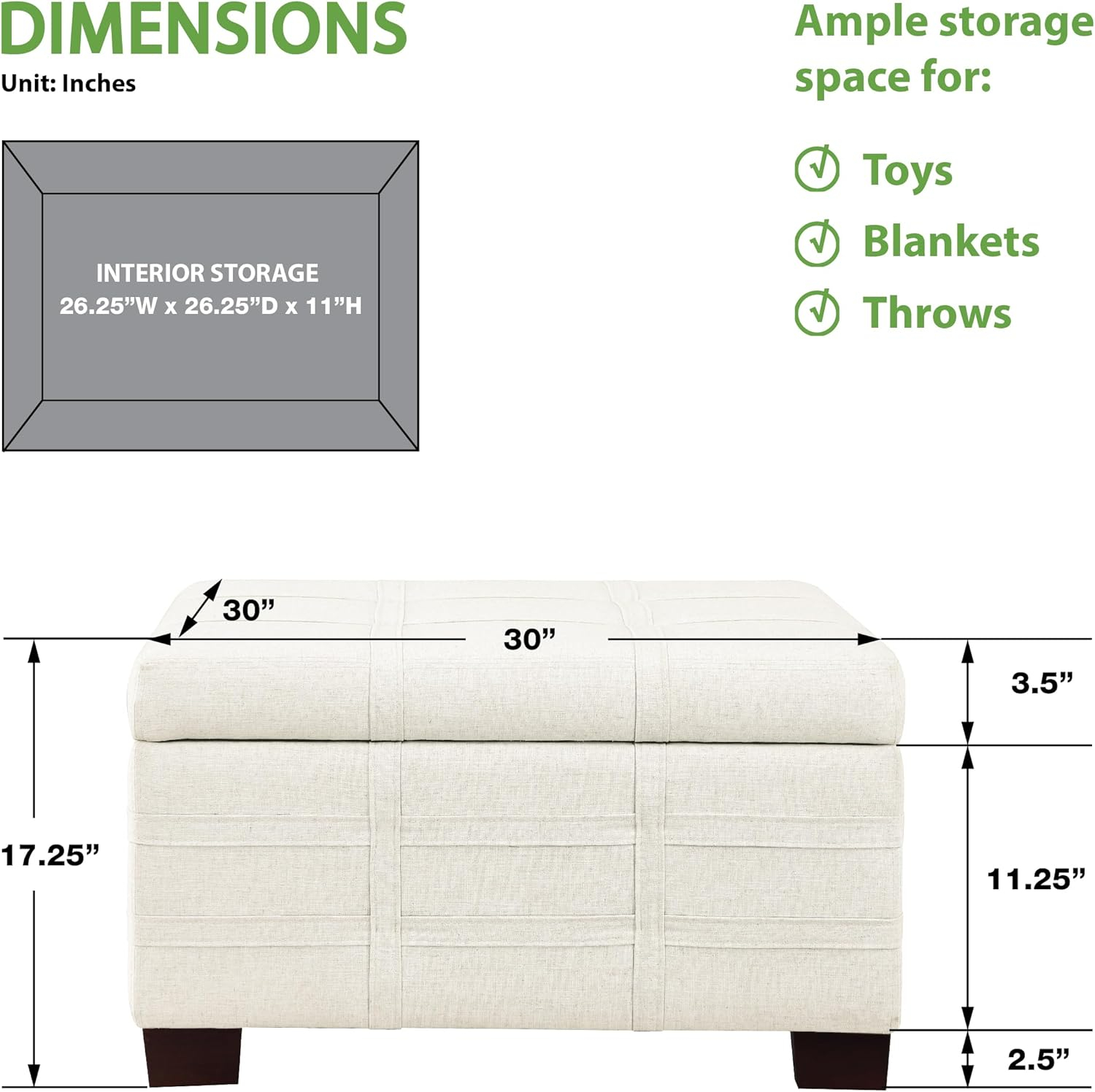 Detour Strap Square Storage Ottoman in Linen White Fabric