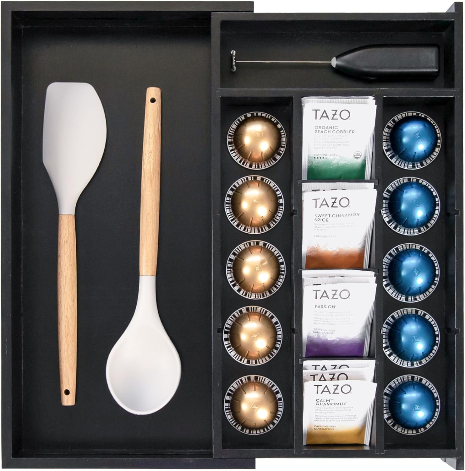 KitchenEdge Tea Bag and Coffee Pod Kitchen Drawer Organizer, Expandable 10 to 17 Inches, 10 Storage Compartments, Adjustable Wall Inserts, Non-Slip Feet, Food-Safe Black Finish, 100% Bamboo Wood