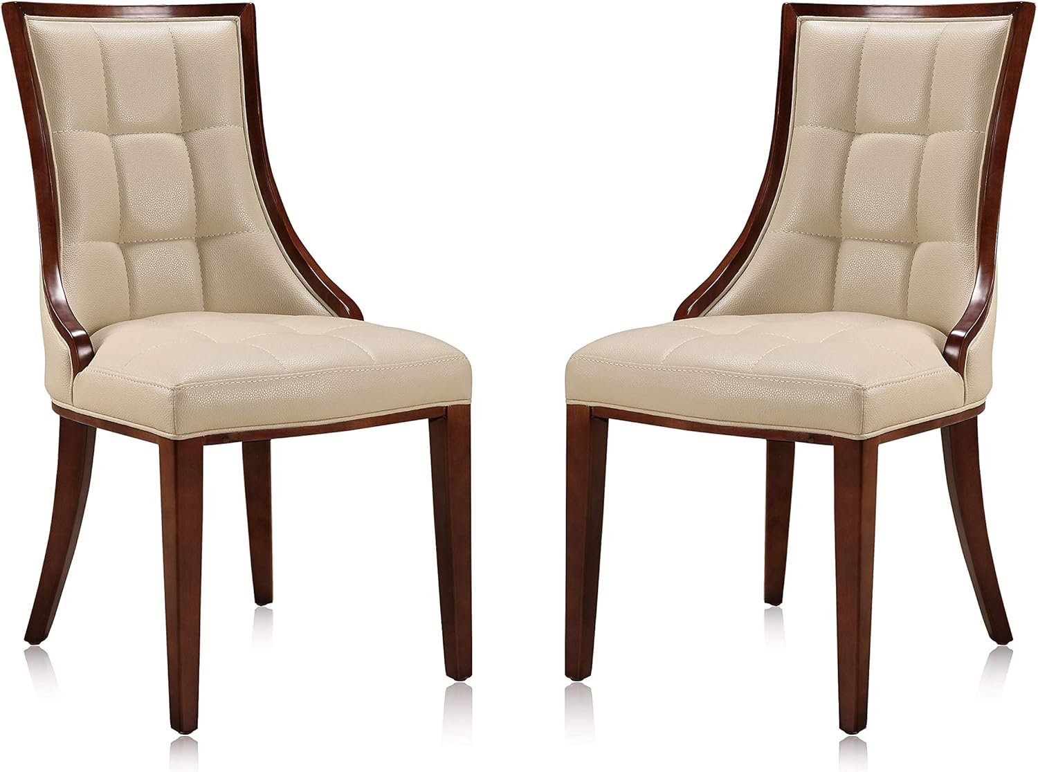 Manhattan Comfort Fifth Avenue Faux Leather Dining Chair (Set of Two) in Cream and Walnut