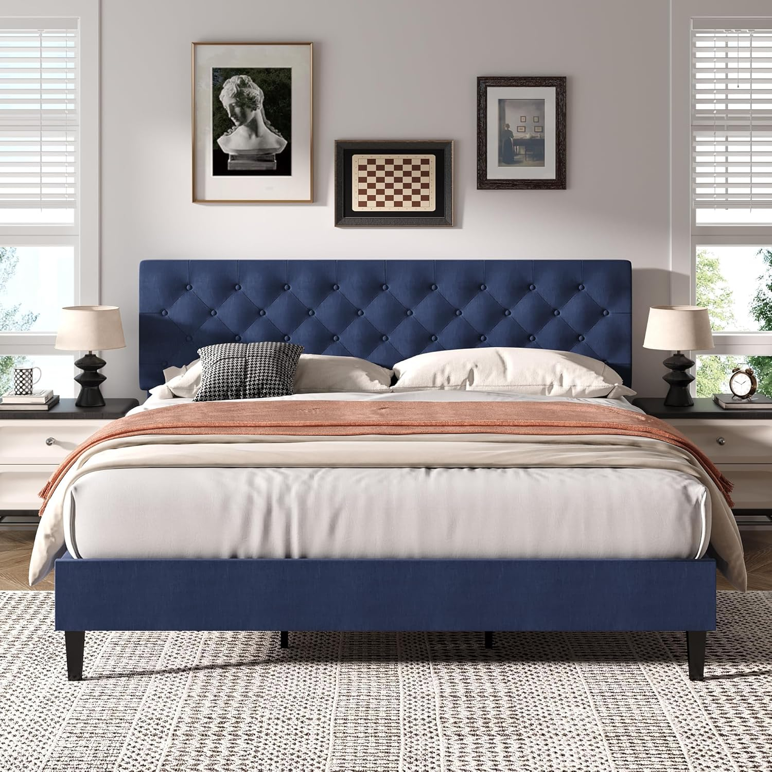 King Size Bed Frame, Upholstered Platform Bed Frame King with Button Tufted Headboard, Wooden Slats Support, No Box Spring Required, Easy Assembly, Navy Blue