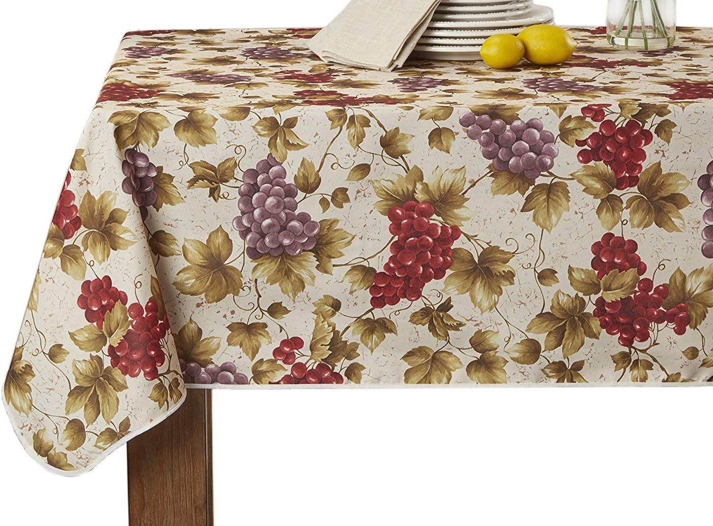 Violet Linen European Vinyard Grapes Printed Design Tablecloth, 60 in x 120 in, Beige
