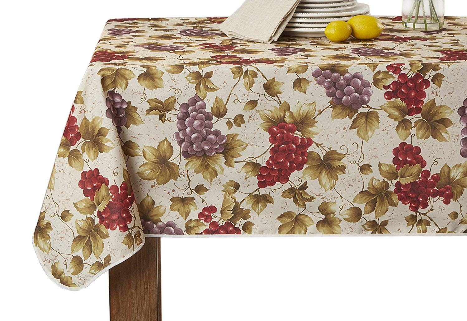 Violet Linen European Vinyard Grapes Printed Design, Polyester, Beige, 60 Inch by 120 Inch, Seats 10 to 12 Pepole, Rectangle Tablecloths