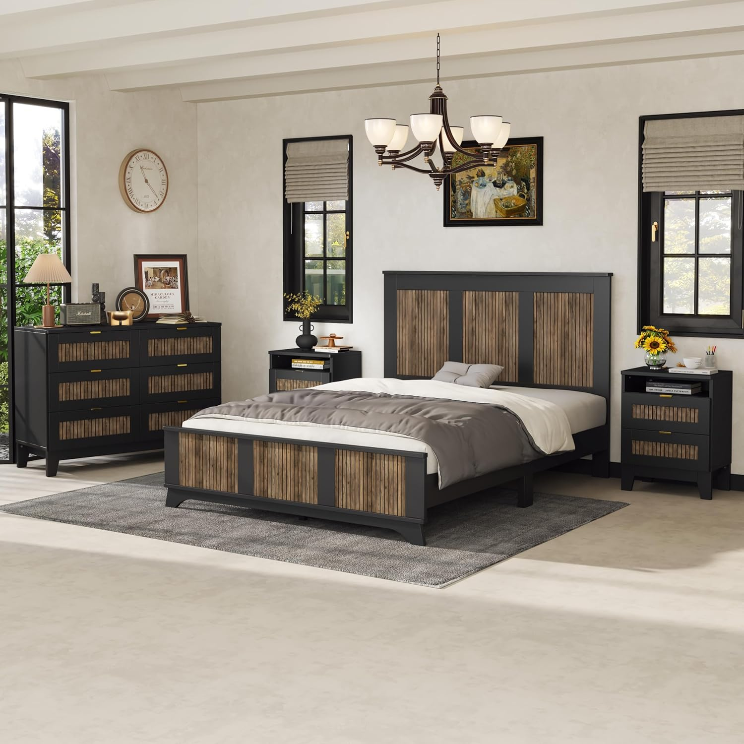 4 Pieces Bedroom Sets Queen Size Farmhouse Platform Bed with Wooden Strip Decoration, 2 Storage Nightstands and A 6-Drawer Dresser with Metal Handle for Kids Teens Adults - Black