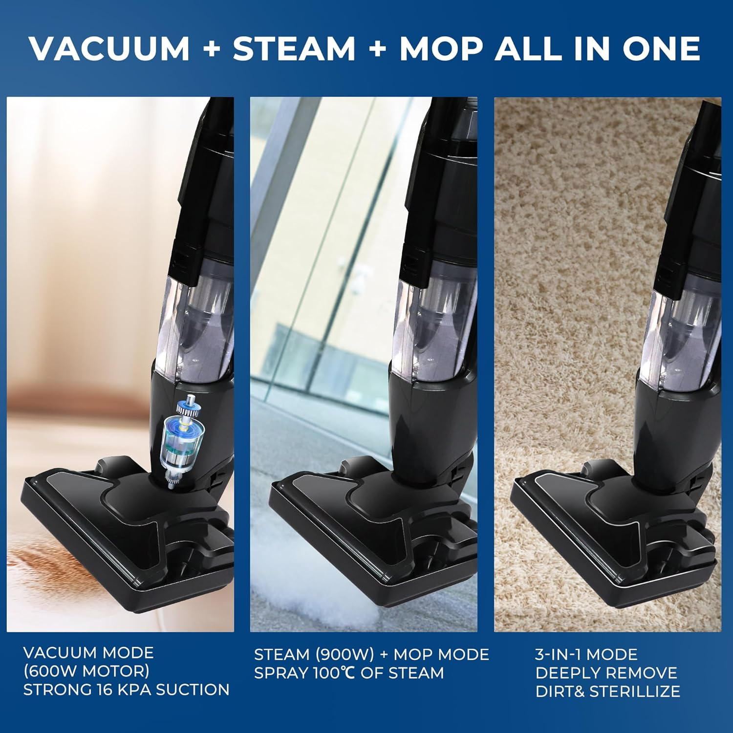 IULULU Vacuum Cleaner and Steam Mop All in One Combo, 16Kpa Powerful Suction Wet-Dry VacuumCleaner with HEPA Filtration, Upright Vac for Hardwood, Tile Floors, Home and Office, Black
