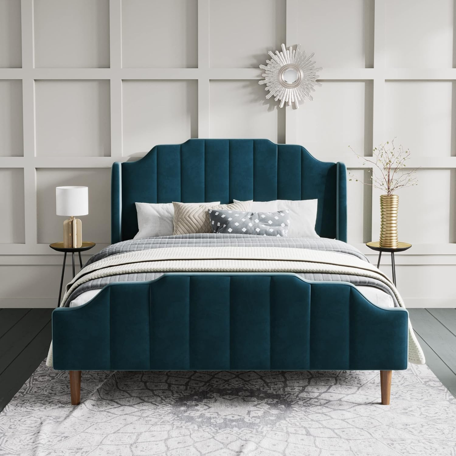 Sha Cerlin Queen Size Platform Bed Frame with Modern Curved Upholstered Wingback Headboard, Blue