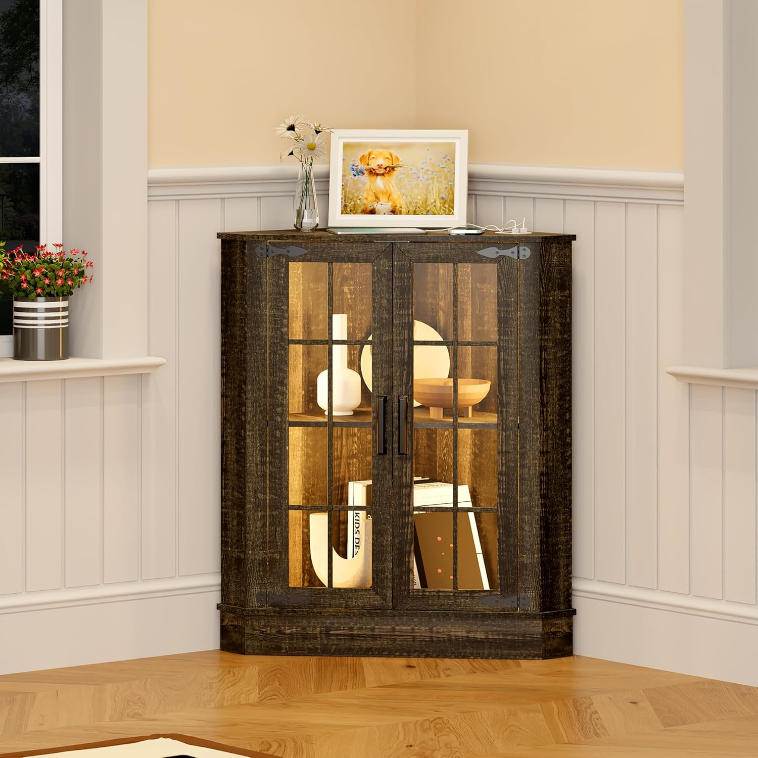 Farmhouse Corner Cabinet with LED Light, Small Bathroom Cabinet with 2 Doors, Free Standing Home Floor Corner Storage Cabinet for Laundry Room, Living Room or Kitchen, Rustic Brown