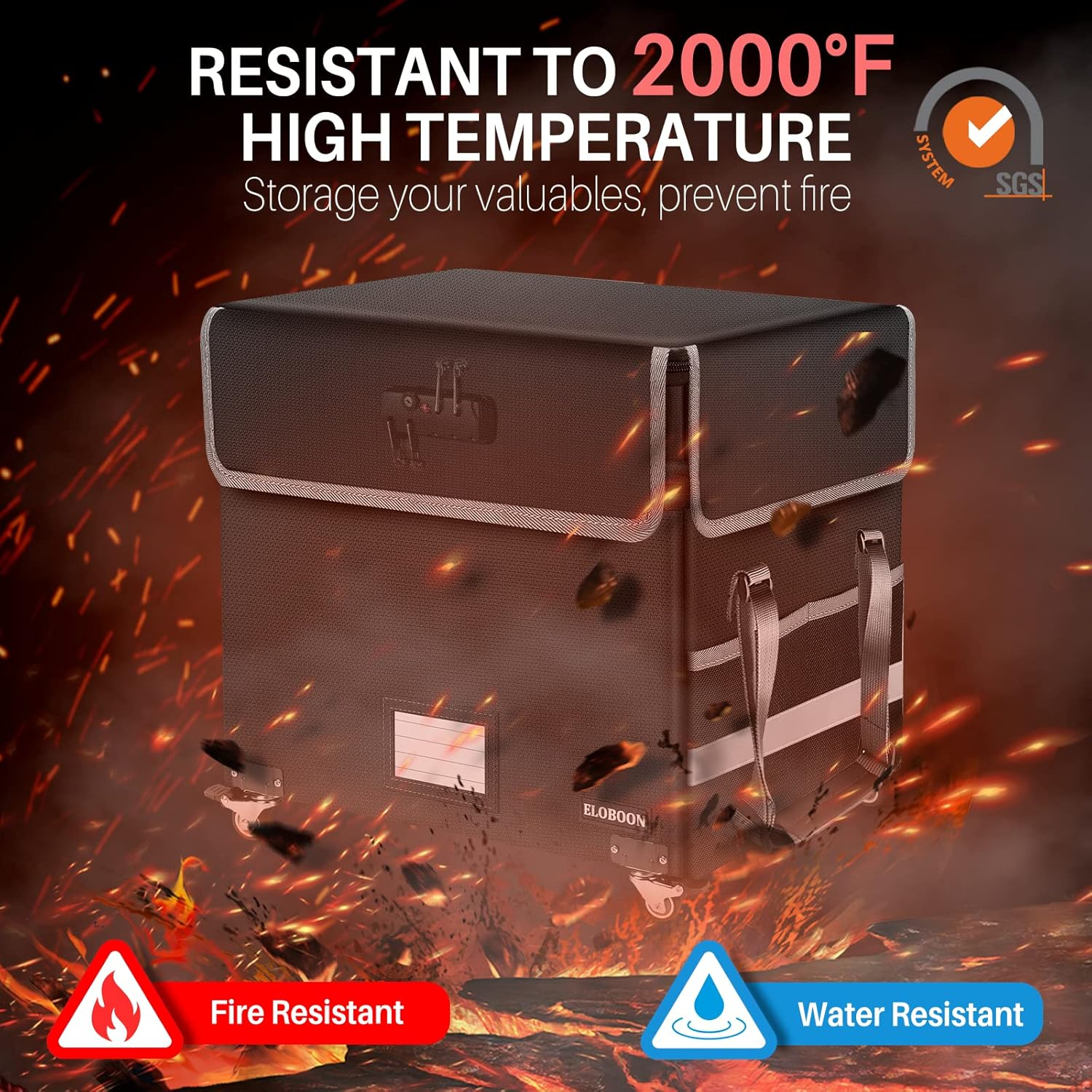 Collapsible File Organizer Box with Lock, Fireproof Document Box on Wheels, Rolling File Cabinet for Hanging Letter/Legal Folders, Black