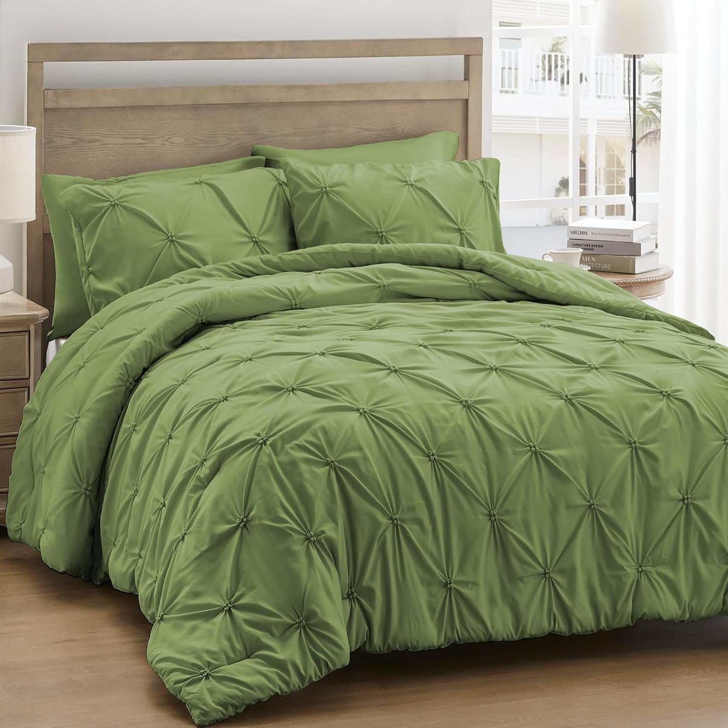 Peace Nest 3-Piece All Season Pinch Pleated Comforter Set, Olive, King