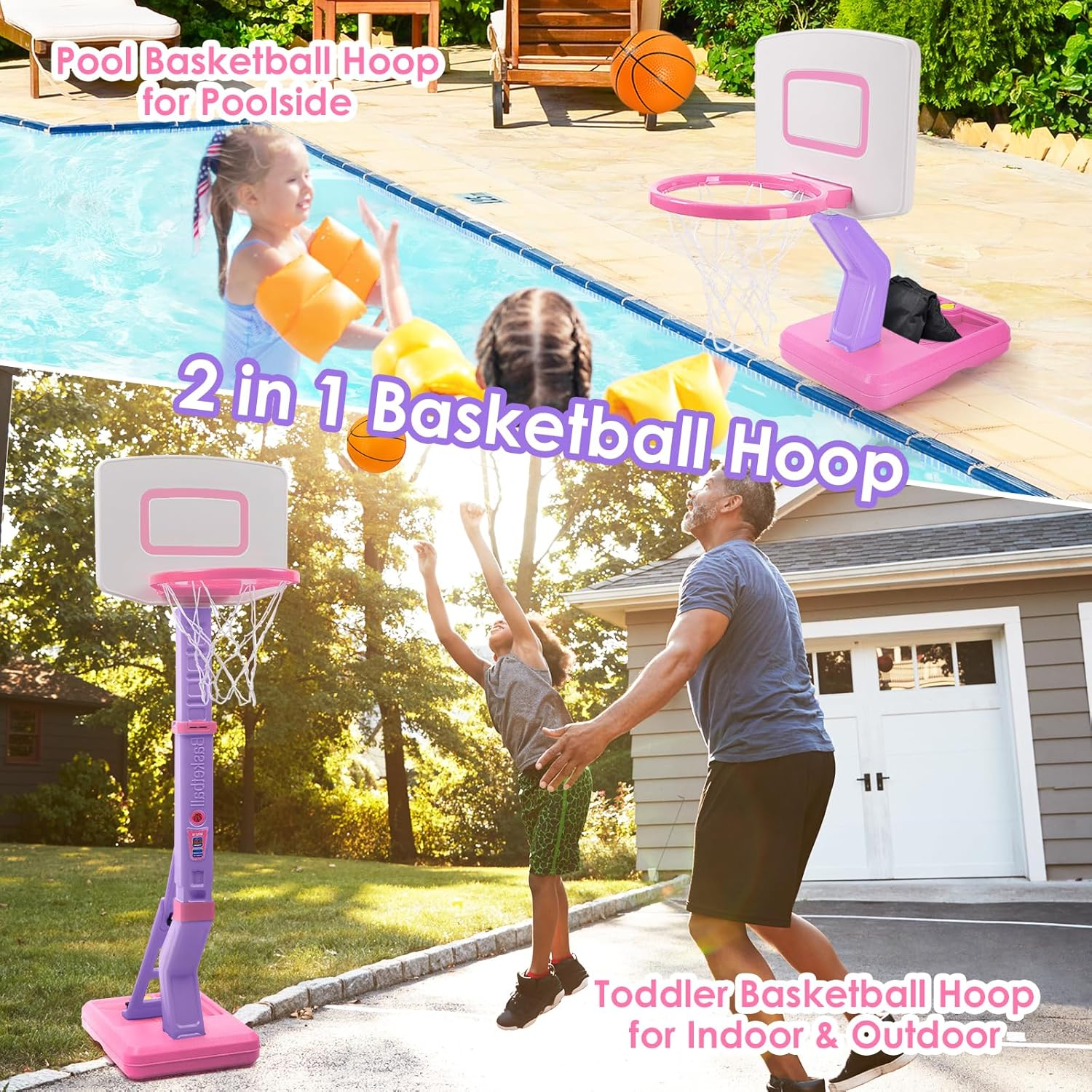 Toddler Little Girls Basketball Hoop Set with 4 Balls for Indoor Outdoor Age 1-3 2-4 3-5, Height Adjustable Basketball Goal for Kids Backyard Basketball Toys for 1 2 3 4 Year Old Girl Birthday Gifts