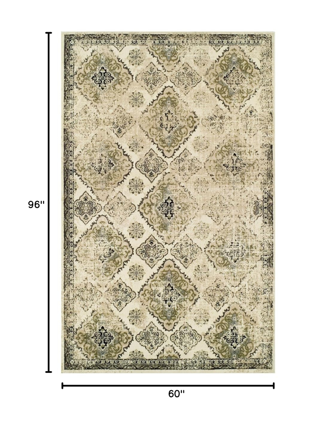 Superior Mayfair Distressed Damask Indoor Area Rug, 5' x 8', Ivory