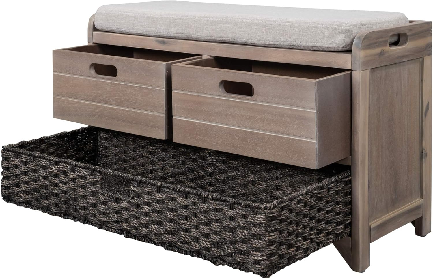 Knocbel Farmhouse Storage Bench, Hallway Entryway Bedroom Cabinet with Drawers, Removable Cushion & Wicker Basket, Fully Assembled, 32" L x 11.8" W x 20" H (White Washed)