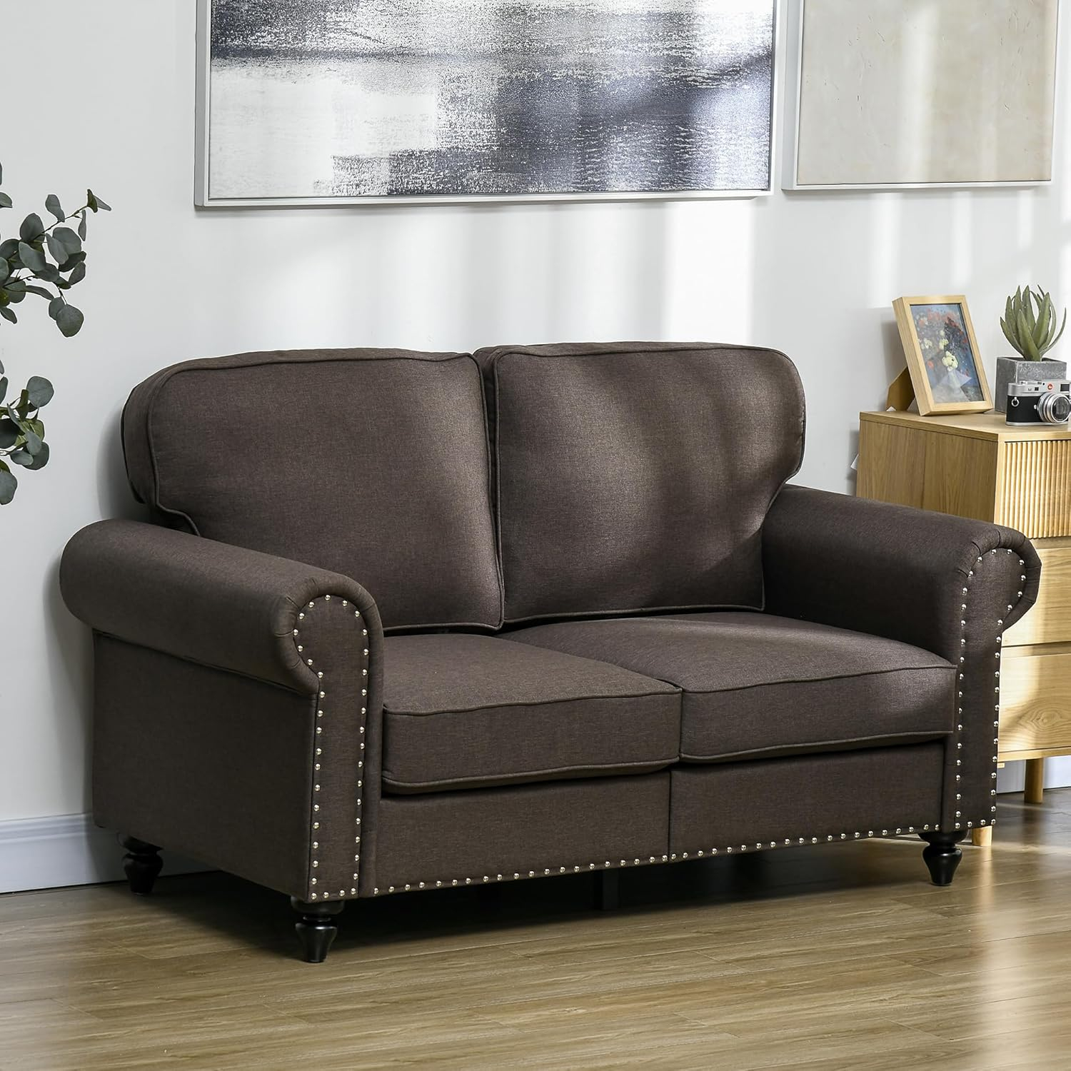 Dark Brown Fabric Upholstered Mid Century Modern Loveseat Sofa