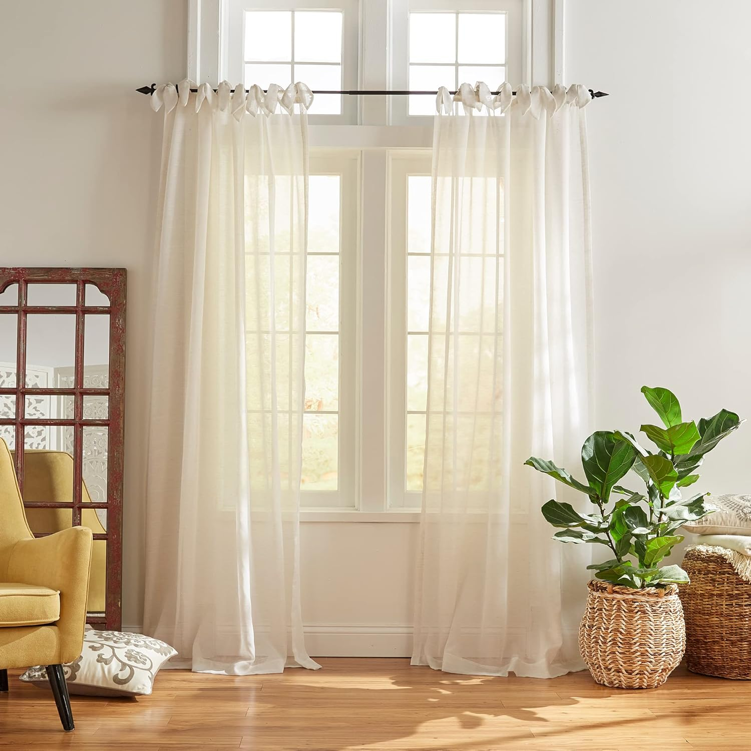 Vienna Tie-Top Cottagecore Sheer Single Window Curtain Panel Panel - 52" x 84" - Off White - Elrene Home Fashions