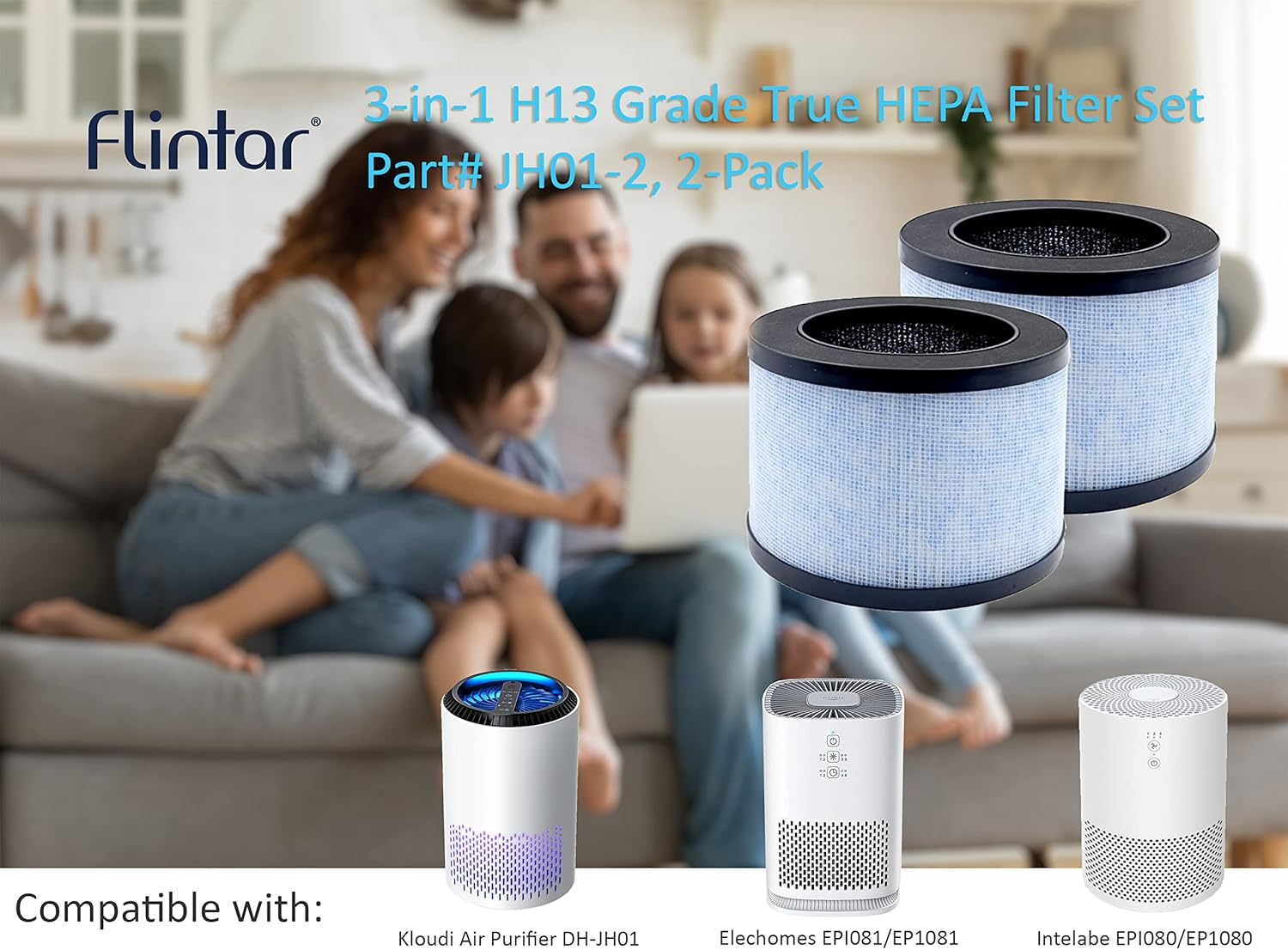 Flintar True HEPA Replacement Filter, Compatible with AROEVE MK01 MK06 and Kloudi Air Purifier DH-JH01, TZ-K1, Intelabe EPI080, and Elechomes EPI081, H13 Premium True HEPA Filter, 2-Pack