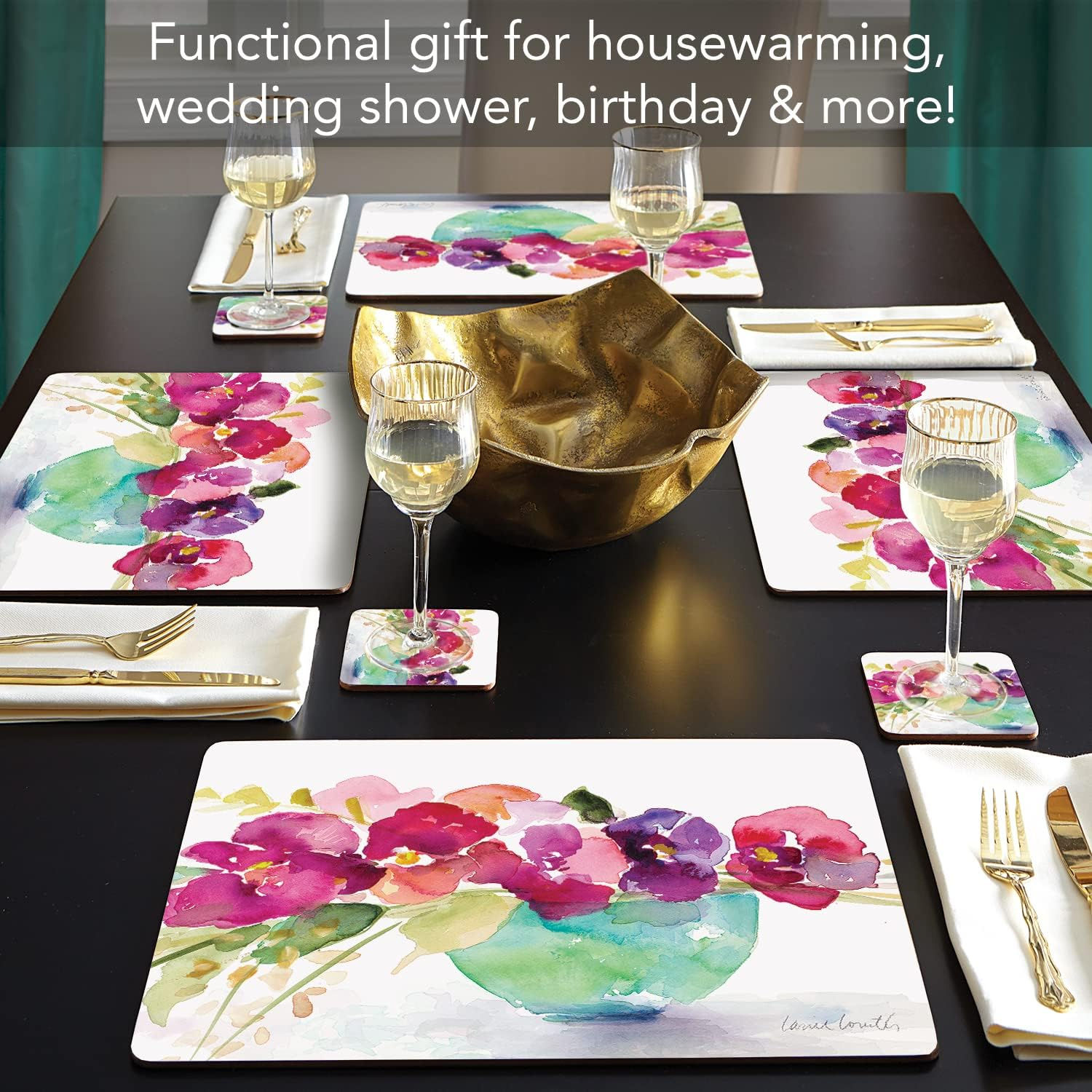 Cala Home "Bowl Of Blooms" Premium Decorative Hardboard Cork Back Tabletop Placemats 4 Pack